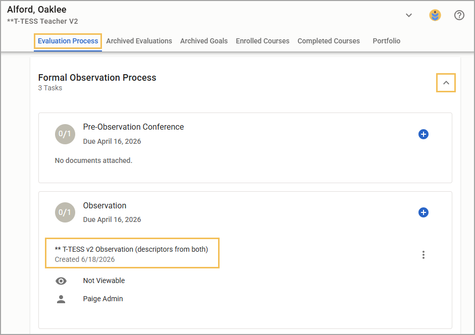 Overview of evaluation process with tasks for observation and a created document.